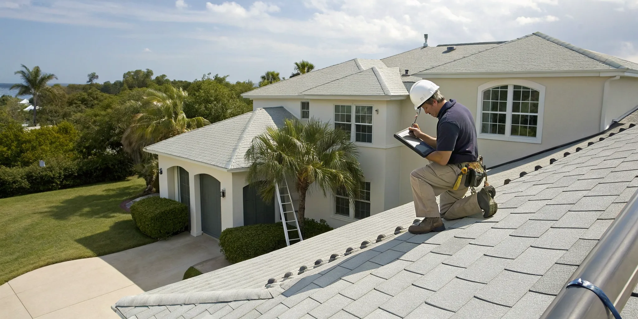 A roofing contractor inspects a damaged roof on a home in Saint Petersburg, FL.