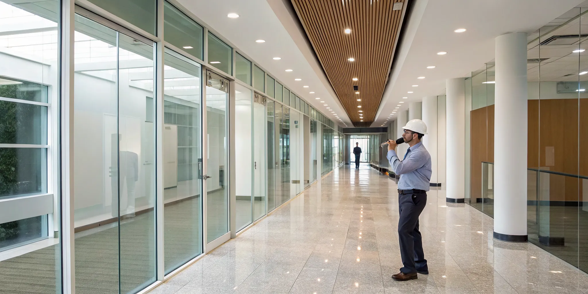 Signs of water damage in a commercial building hallway with modern glass offices.