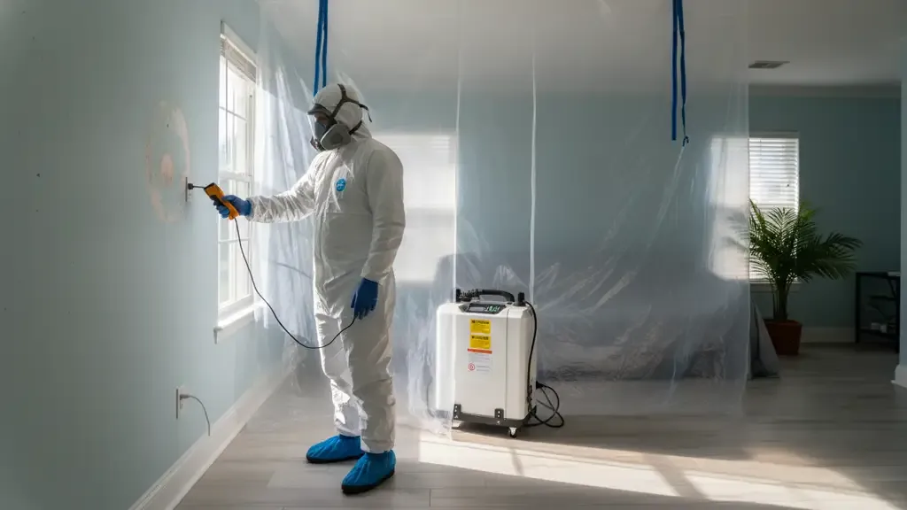 Florida mold remediation technician checking moisture before containment and cleanup