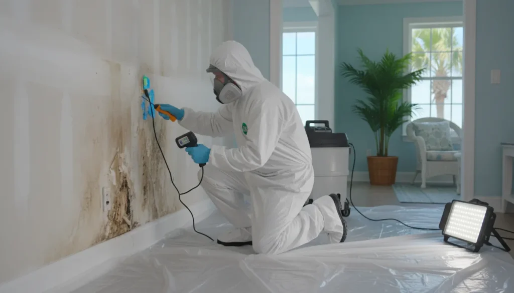 Certified technician checking mold remediation cost in Florida after water damage