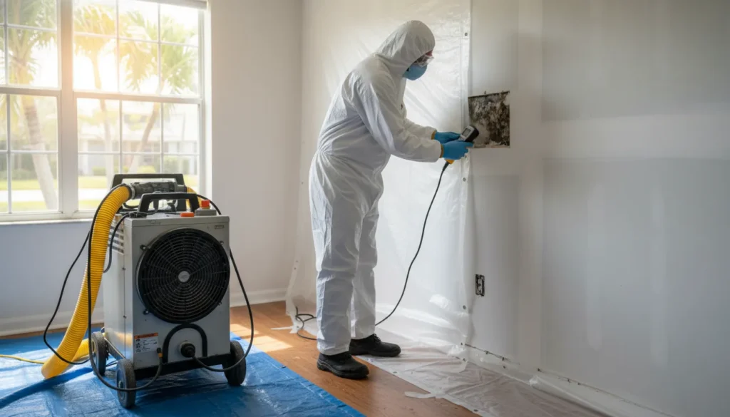 Technician checking moisture during mold remediation in a Florida home