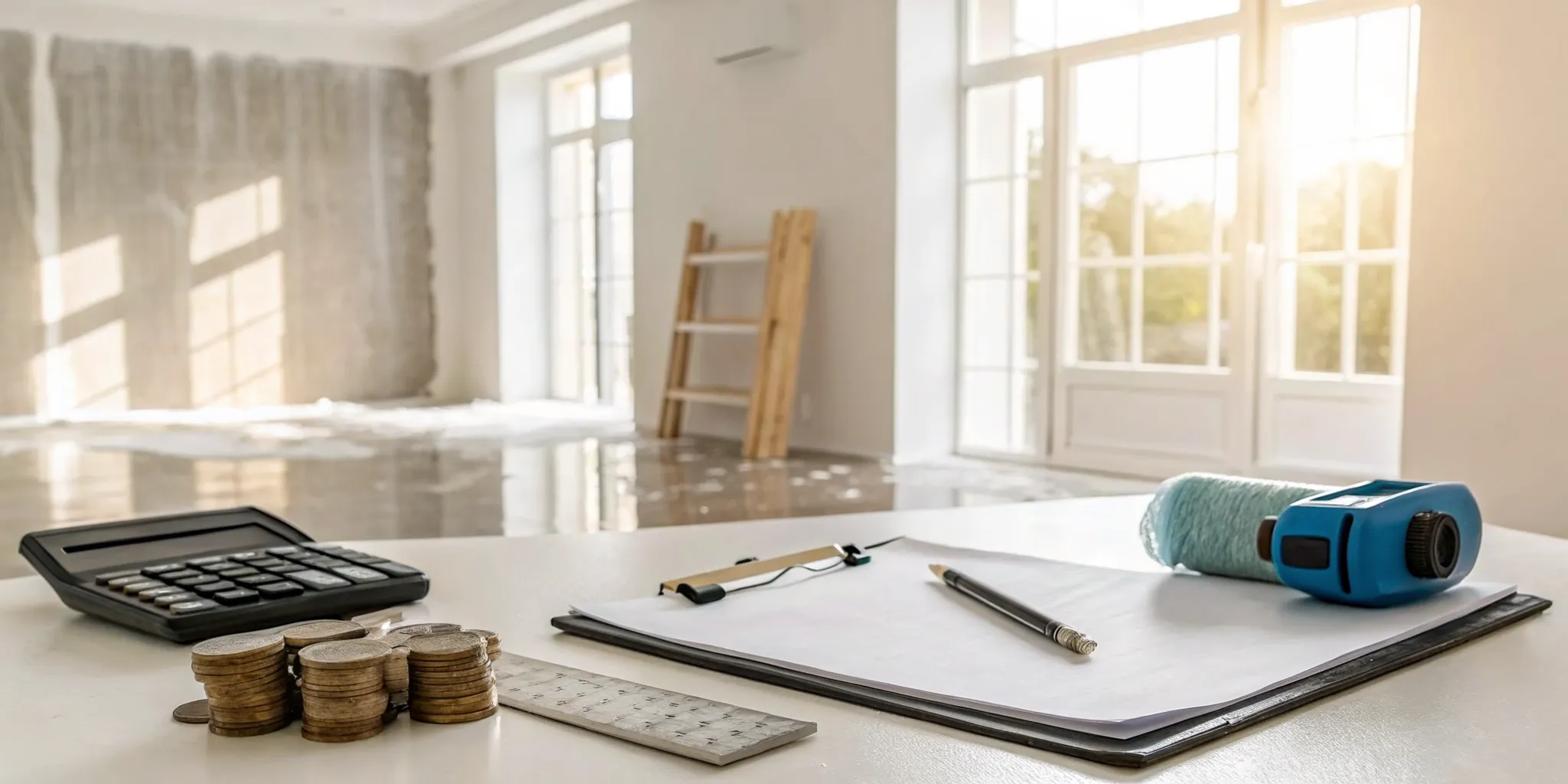 A calculator and tools used to determine the cost of mold remediation from water damage.