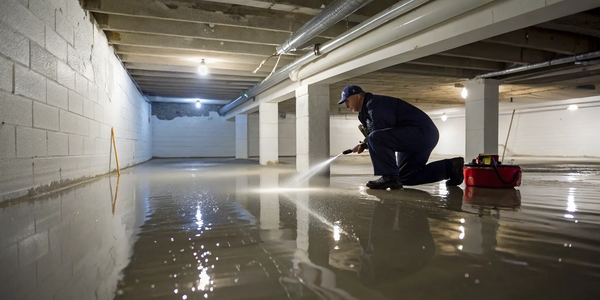 Worker cleaning standing water from a burst pipe under a house.