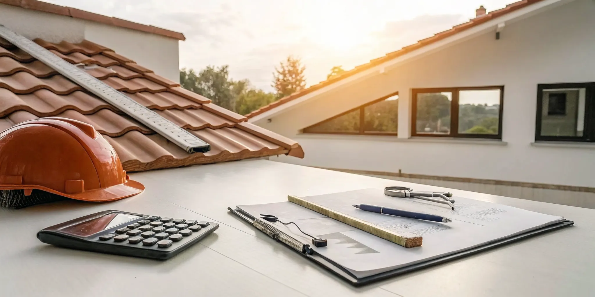 Calculating a tile roof replacement quote with plans and a hard hat on a rooftop.