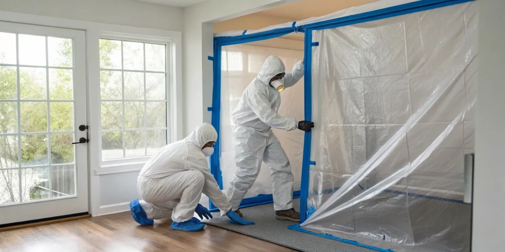 Workers in protective suits setting up containment for emergency mold remediation services.