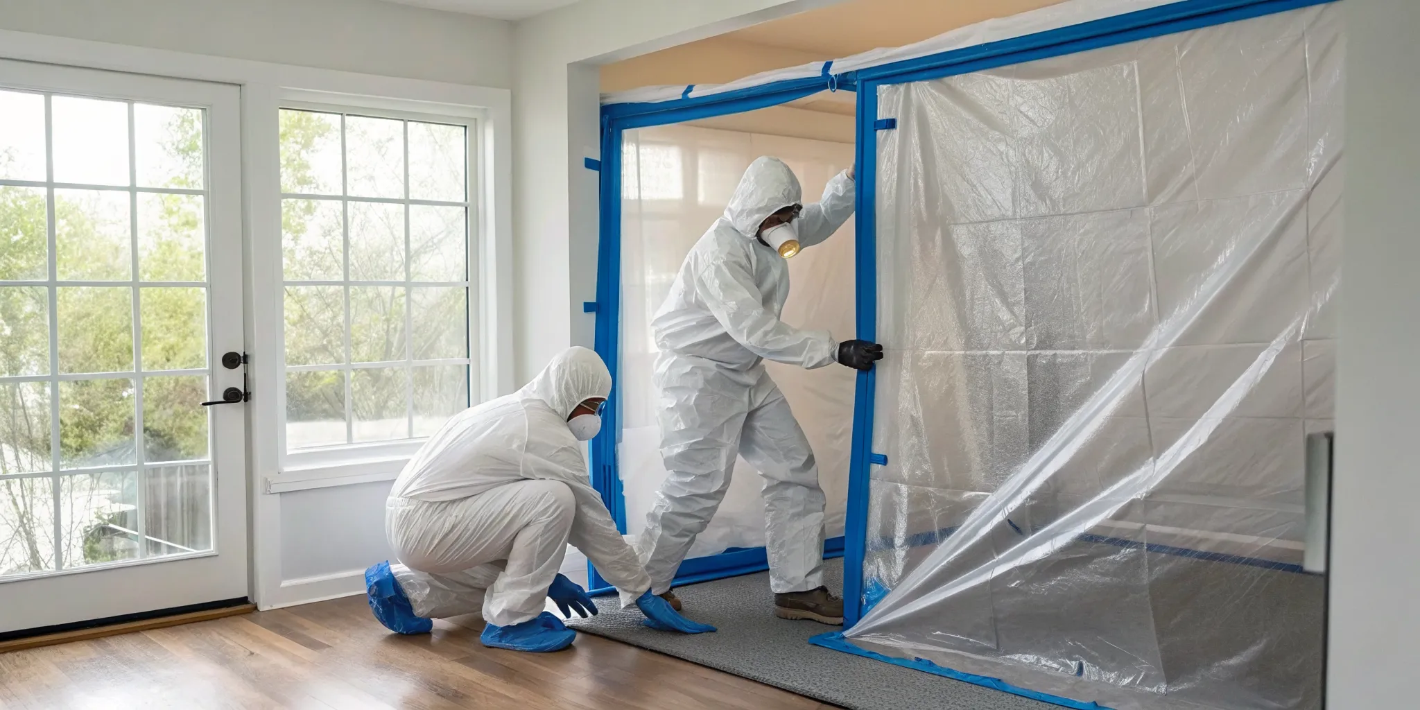 Workers in protective suits setting up containment for emergency mold remediation services.