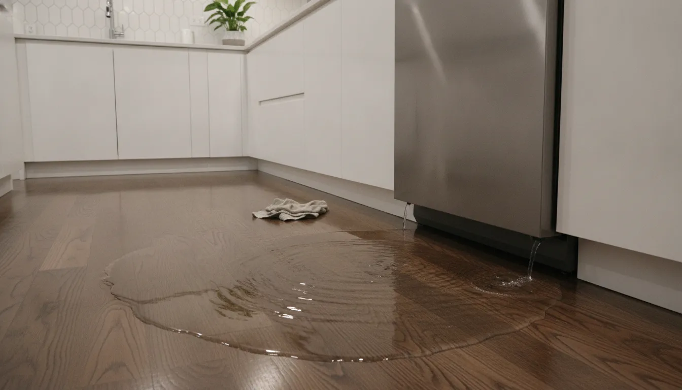 Dishwasher water leak causing large kitchen floor puddle, with towel nearby soaking up the water.