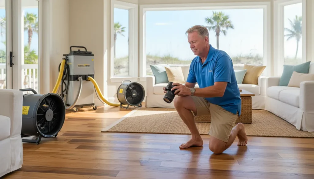 Florida homeowner documenting water damage before insurance review