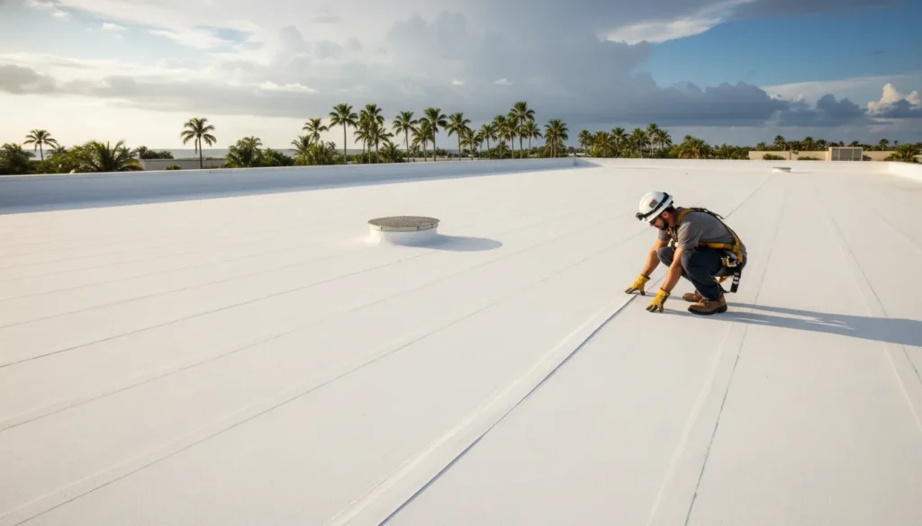 Roofer evaluating flat roof repair vs replacement on a St. Petersburg commercial roof