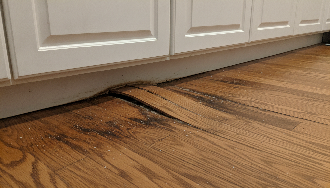 Water damage and warping on a kitchen wood floor under the cabinets
