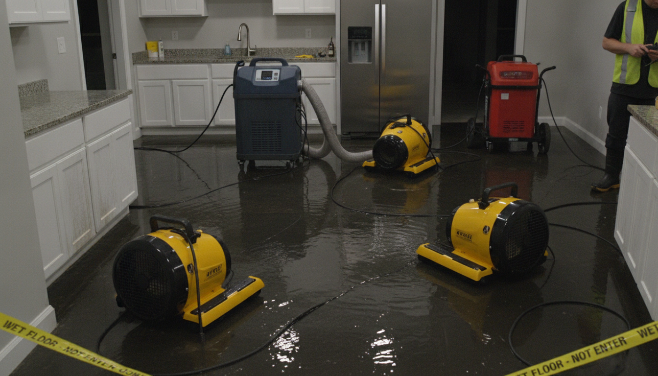 Professional structural drying equipment like high-velocity air movers and industrial dehumidifiers placed on a wet kitchen floor