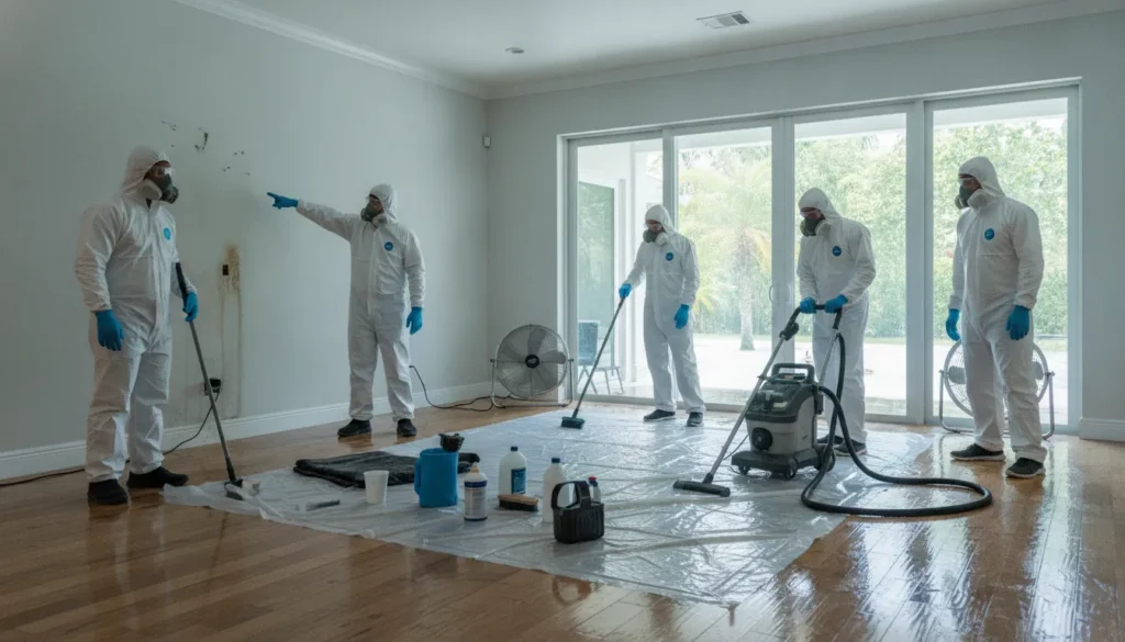 Restoration crew preparing for sewage backup cleanup in a Florida home