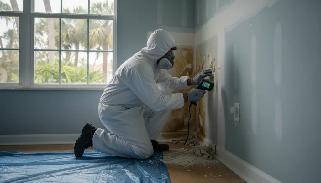 Restoration technician checking moisture damage in a Florida home