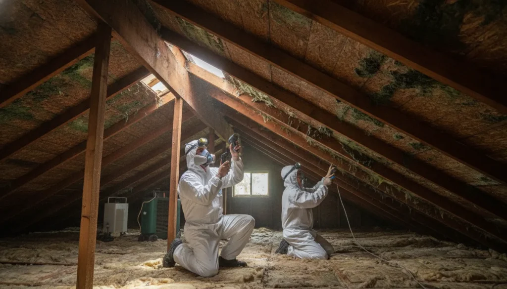 Attic wooden roof sheathing with mold growth and moisture damage in a Florida home