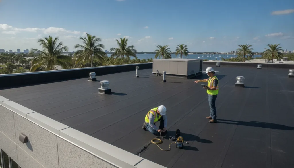 Commercial flat roof with EPDM rubber membrane on a Tampa Bay office building under sunny skies