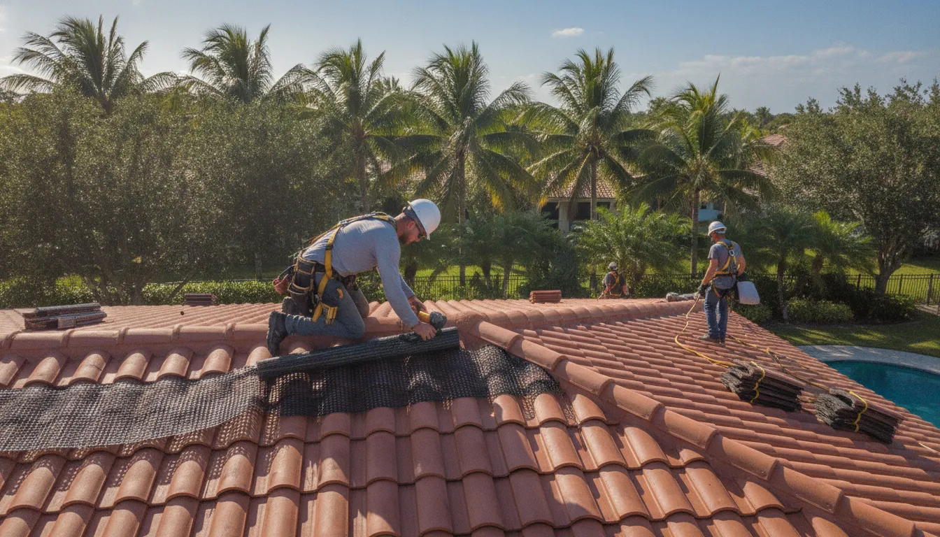 Ridge vent installation on a Florida home roof with palm trees in background