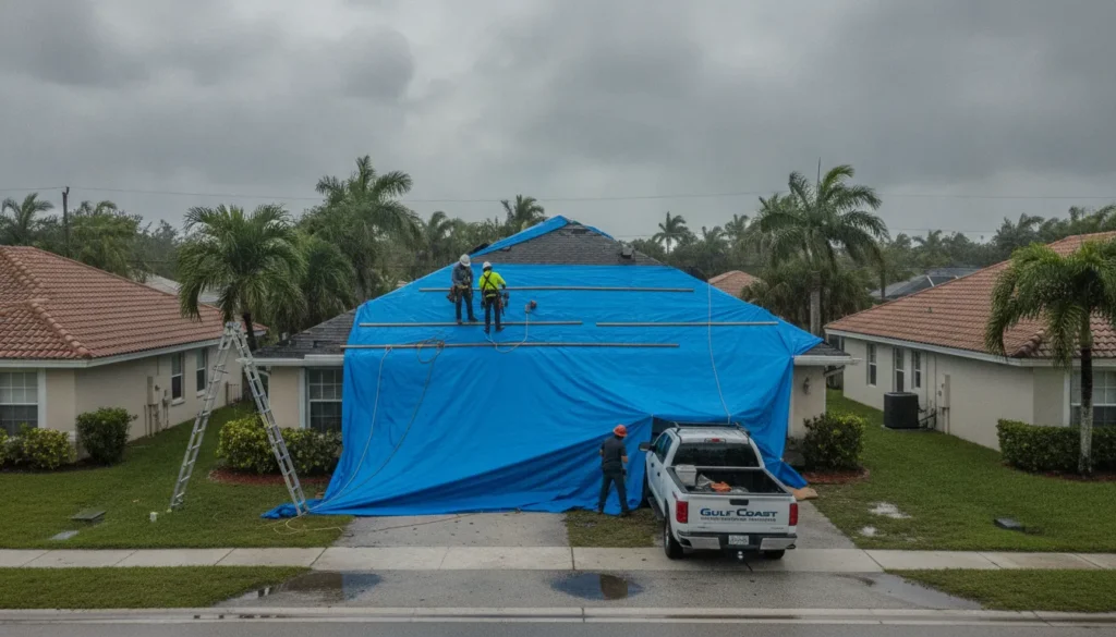 Blue emergency roof tarp secured on a residential home after a Florida storm