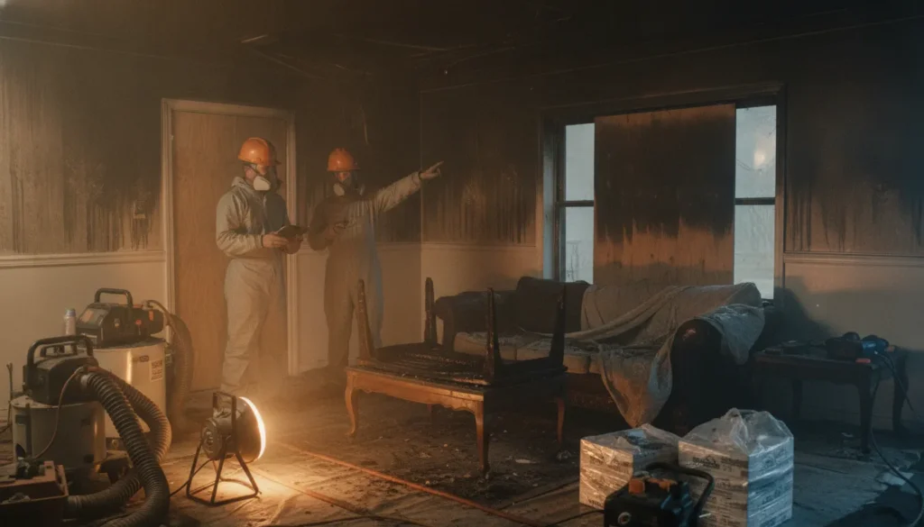 Fire-damaged living room with smoke and soot damage being assessed by restoration professionals in protective gear