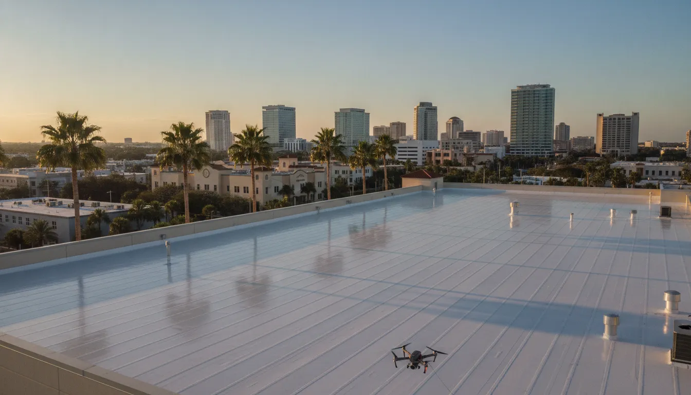 Commercial flat roof building in St. Petersburg Florida with clear blue sky