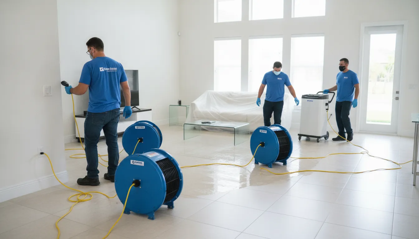 Air movers and dehumidifiers drying a water-damaged home