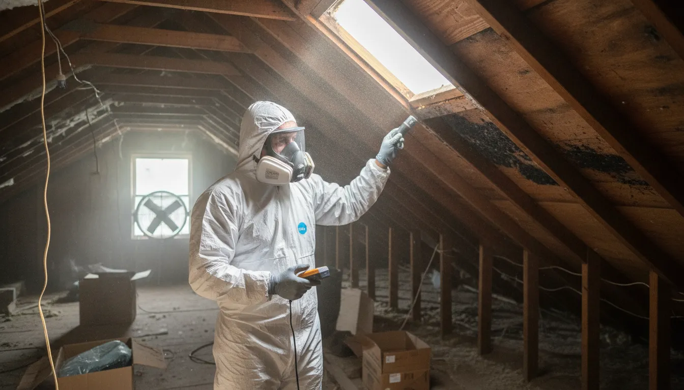 Mold remediation technician inspecting attic mold damage in a Florida home