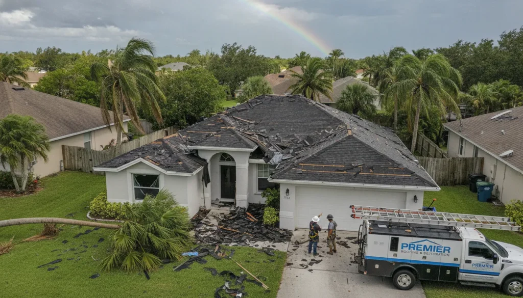 Florida home with storm damaged roof showing missing shingles after a severe thunderstorm