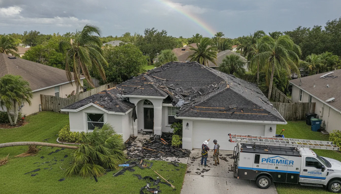 Florida home with storm damaged roof showing missing shingles after a severe thunderstorm