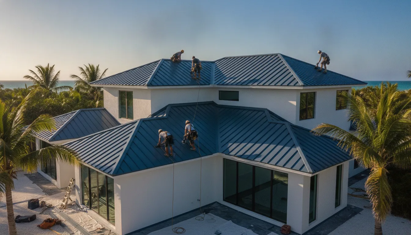 Modern standing seam metal roof on a Florida coastal home under blue sky