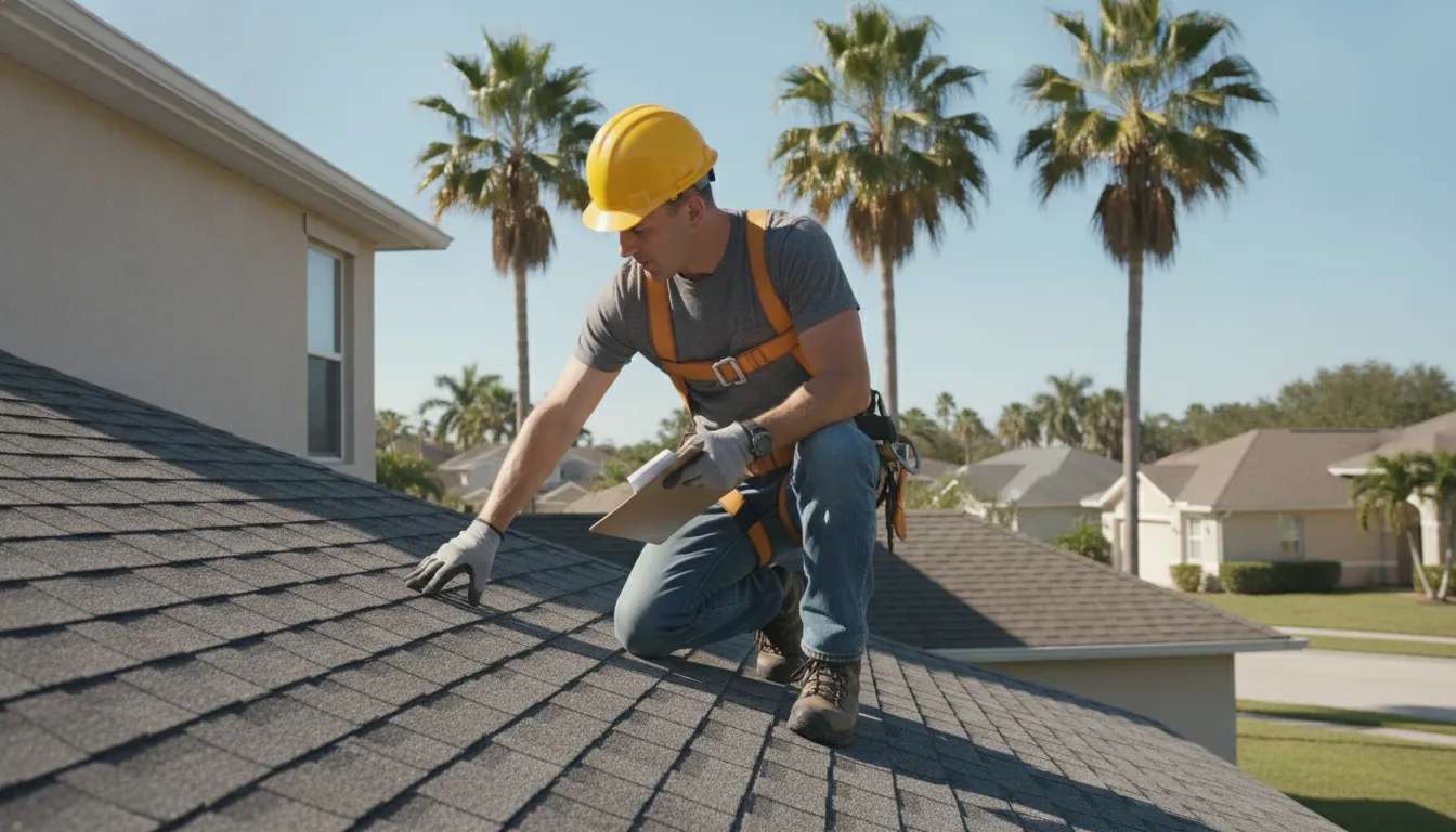 Professional roofer inspecting an asphalt shingle roof on a Florida home under blue sky