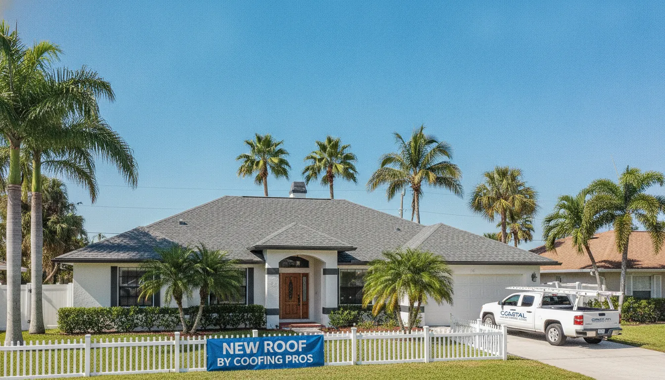 Residential home with asphalt shingle roof in sunny St. Petersburg Florida neighborhood with palm trees