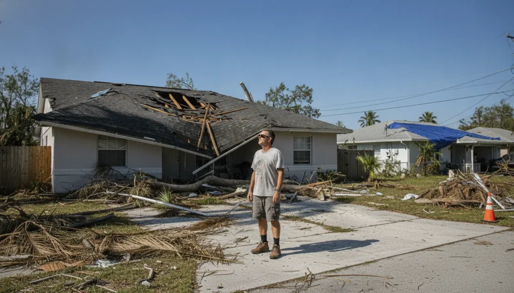 Florida home with storm damage after a hurricane in a St. Petersburg residential neighborhood