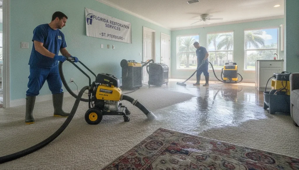 Professional water damage restoration technician using industrial equipment to extract standing water from a flooded home interior