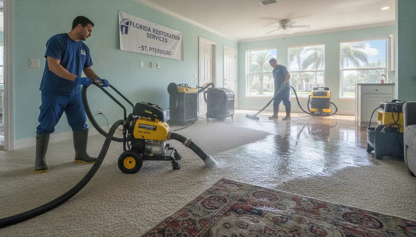 Professional water damage restoration technician using industrial equipment to extract standing water from a flooded home interior
