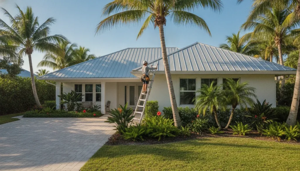 A residential metal roof on a sunny Florida coastal home with tropical landscaping