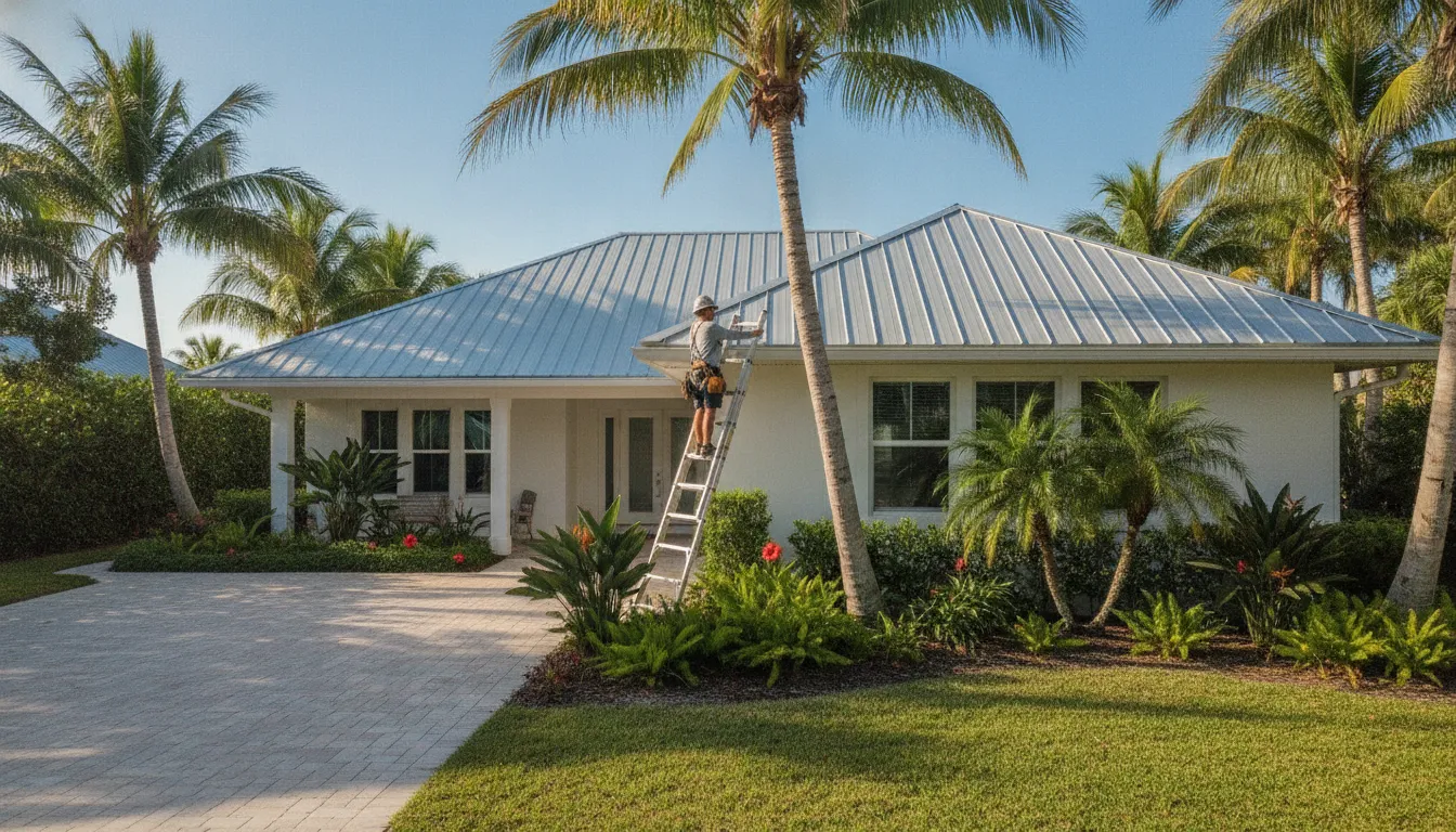 A residential metal roof on a sunny Florida coastal home with tropical landscaping