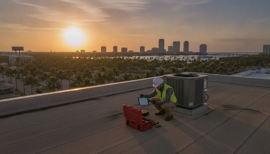 Technician inspecting a commercial flat roof in Tampa Bay at golden hour