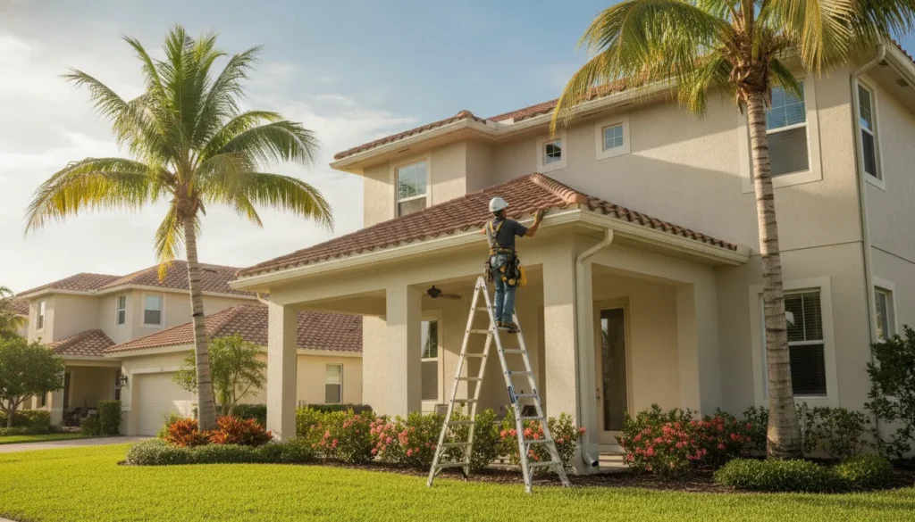 Professional roofer installing seamless gutters on a Florida home with palm trees in the background