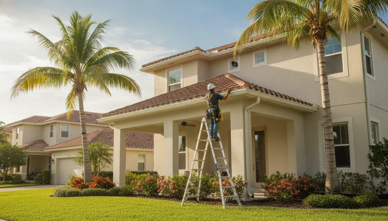 Professional roofer installing seamless gutters on a Florida home with palm trees in the background