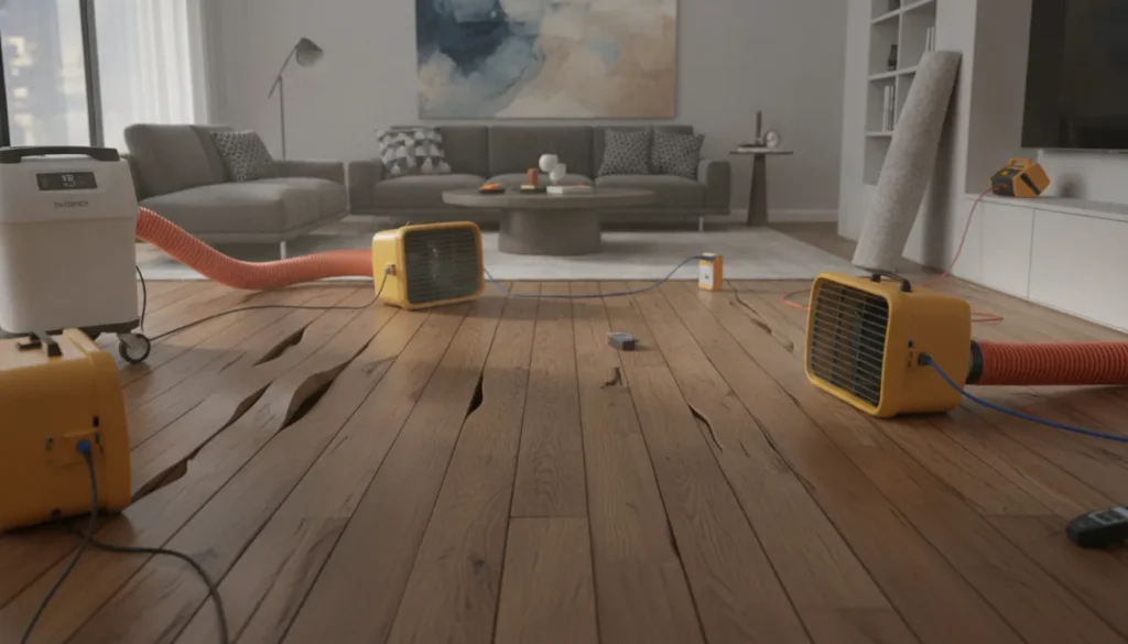 Water-damaged hardwood floor undergoing drying process