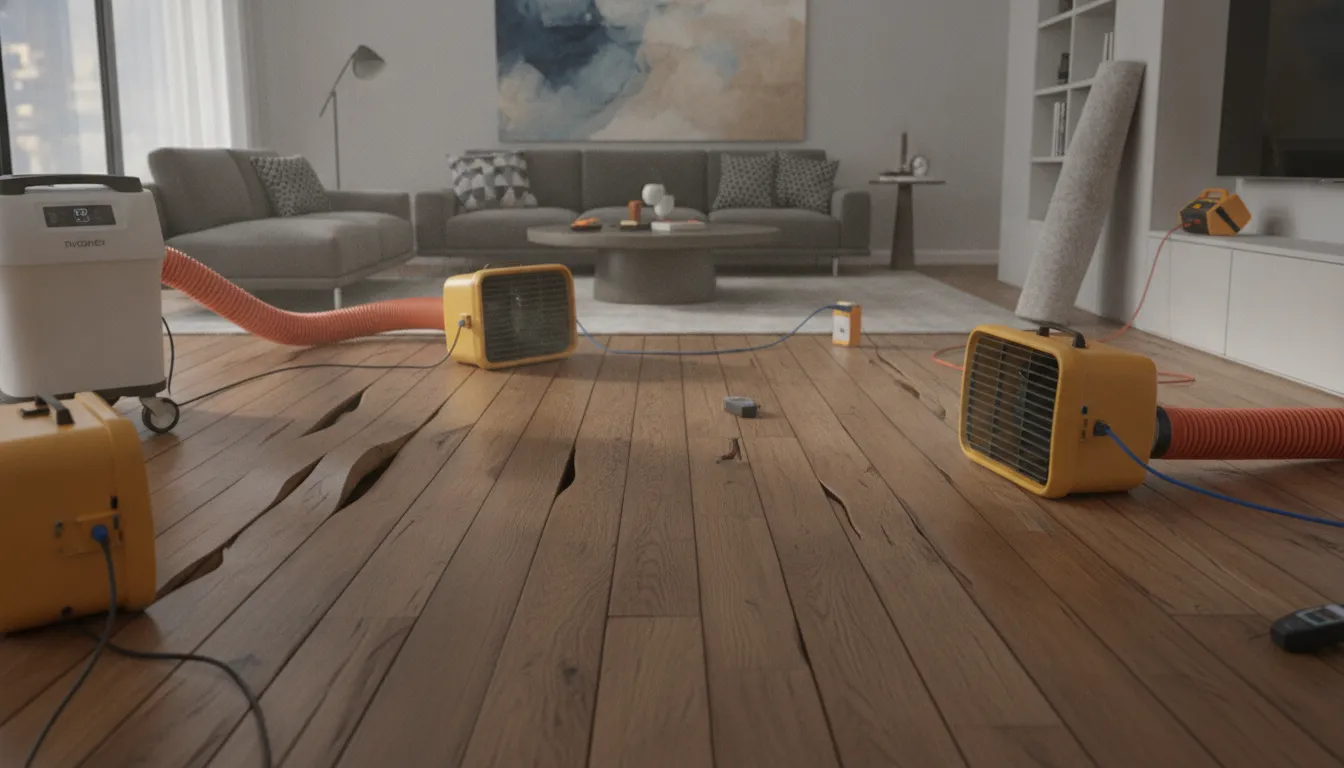 Water-damaged hardwood floor undergoing drying process