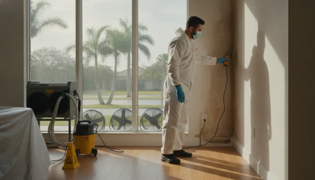 Mold mitigation professional addressing moisture in a Tampa Bay home