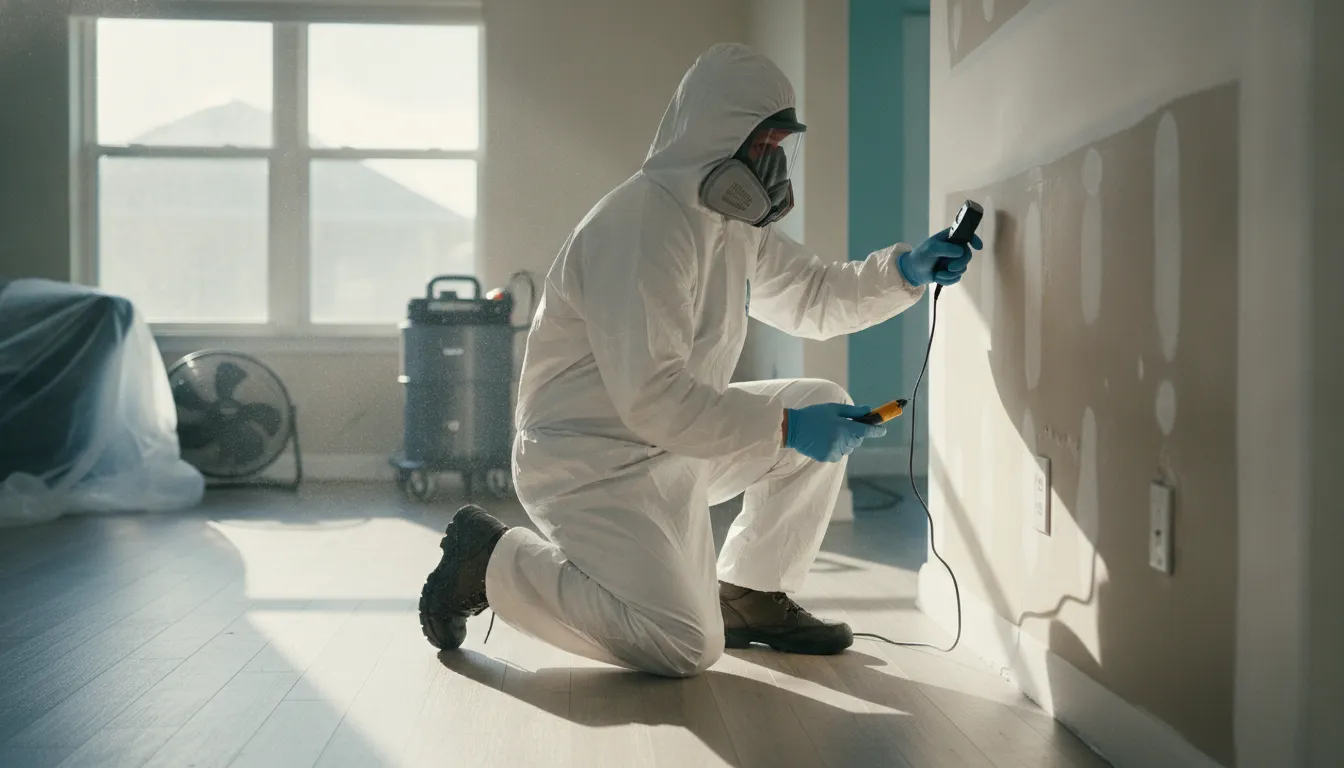 Professional mold remediation technician assessing a Tampa home interior