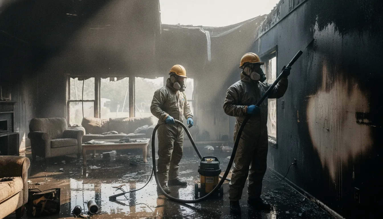 Restoration technicians cleaning soot and smoke residue from the interior of a fire-damaged home