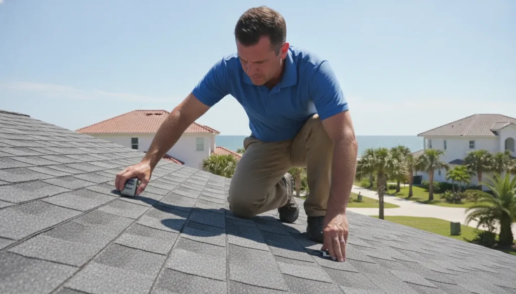 Roofing professional inspecting a residential roof in St. Petersburg, Florida