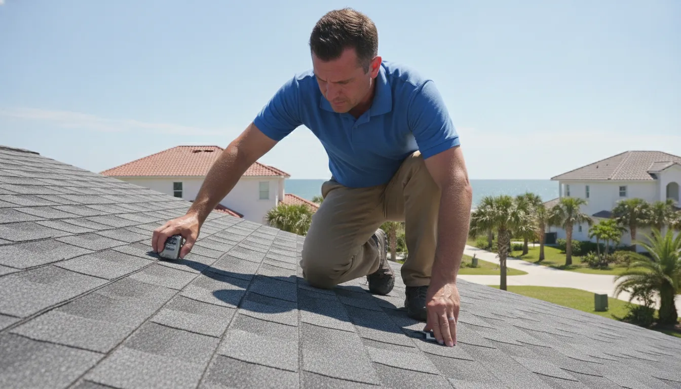 Roofing professional inspecting a residential roof in St. Petersburg, Florida
