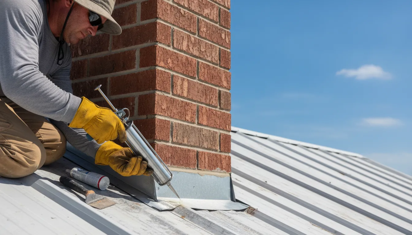 Roofer sealing metal roof flashing around a brick chimney on a residential roof in St. Petersburg, Florida