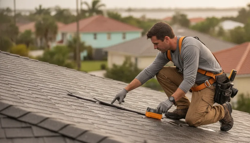 Roof repair contractor inspecting storm damage in St. Petersburg