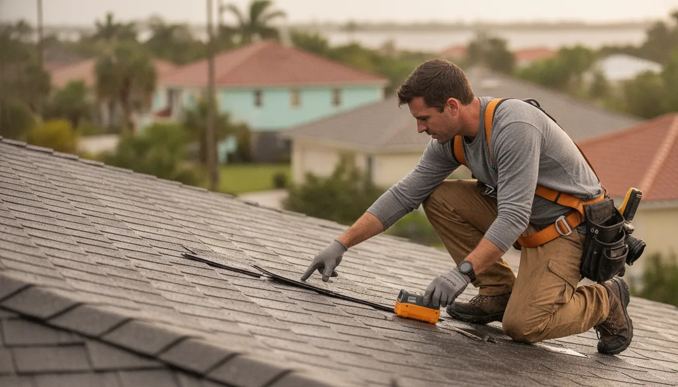 Roof repair contractor inspecting storm damage in St. Petersburg