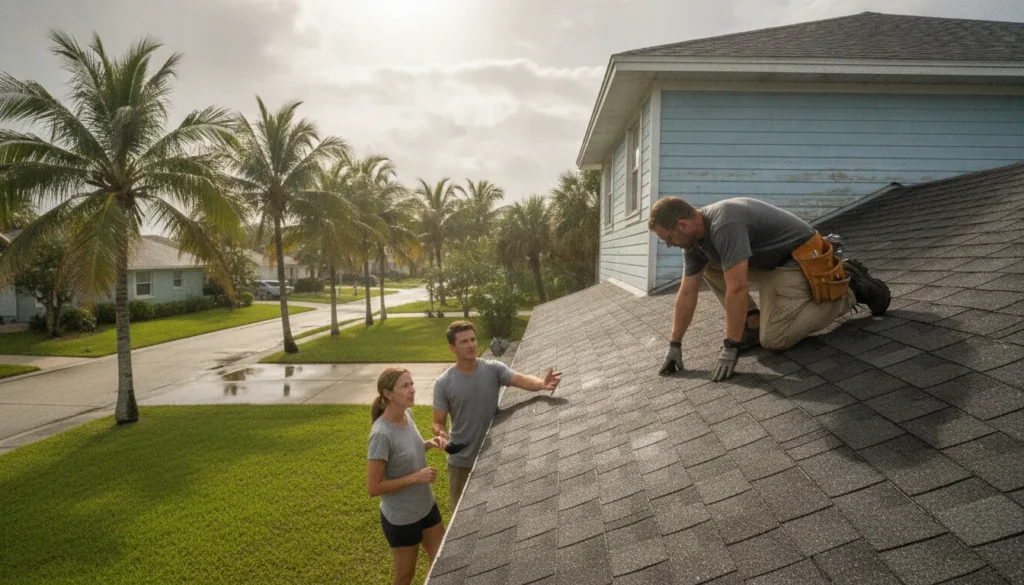 Roofing professional evaluating a St Petersburg home for storm and moisture concerns