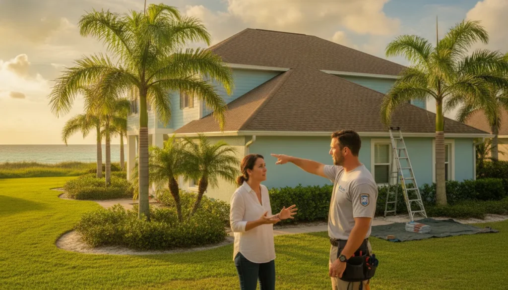 Roofing contractors in Clearwater FL discussing a roof inspection with a homeowner